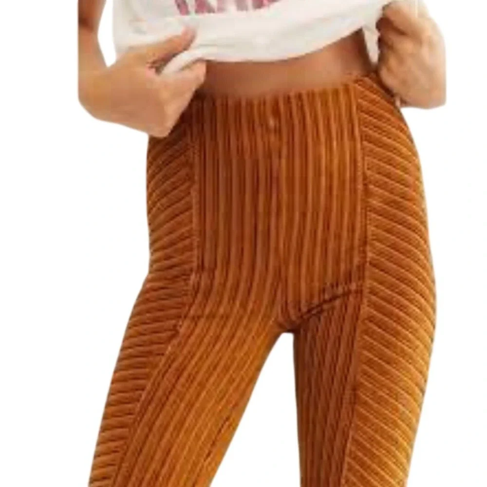Free People Pull-On Velvet Corduroy Flare Pants Burnt Orange Size M